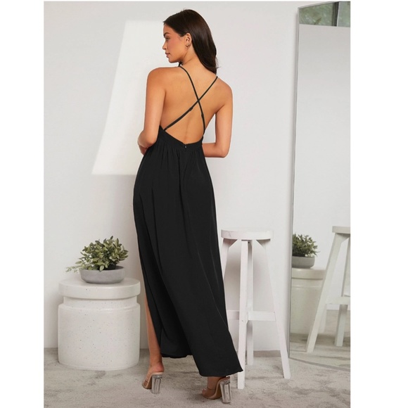 Deep V Backless High Leg Slit Maxi Dress in Black - Picture 3 of 10